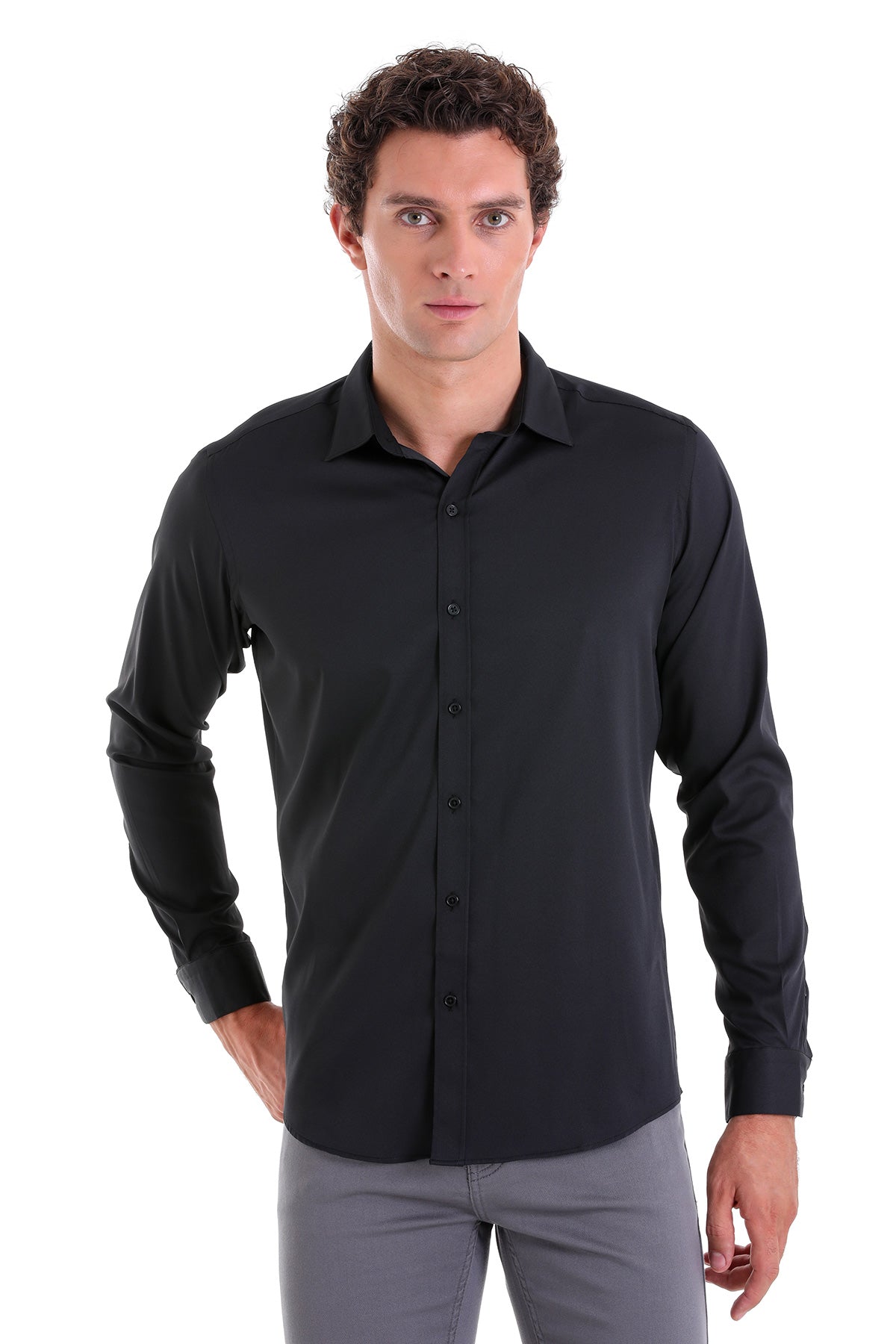 Slim Fit Long Sleeve Black Casual Shirt - MIB