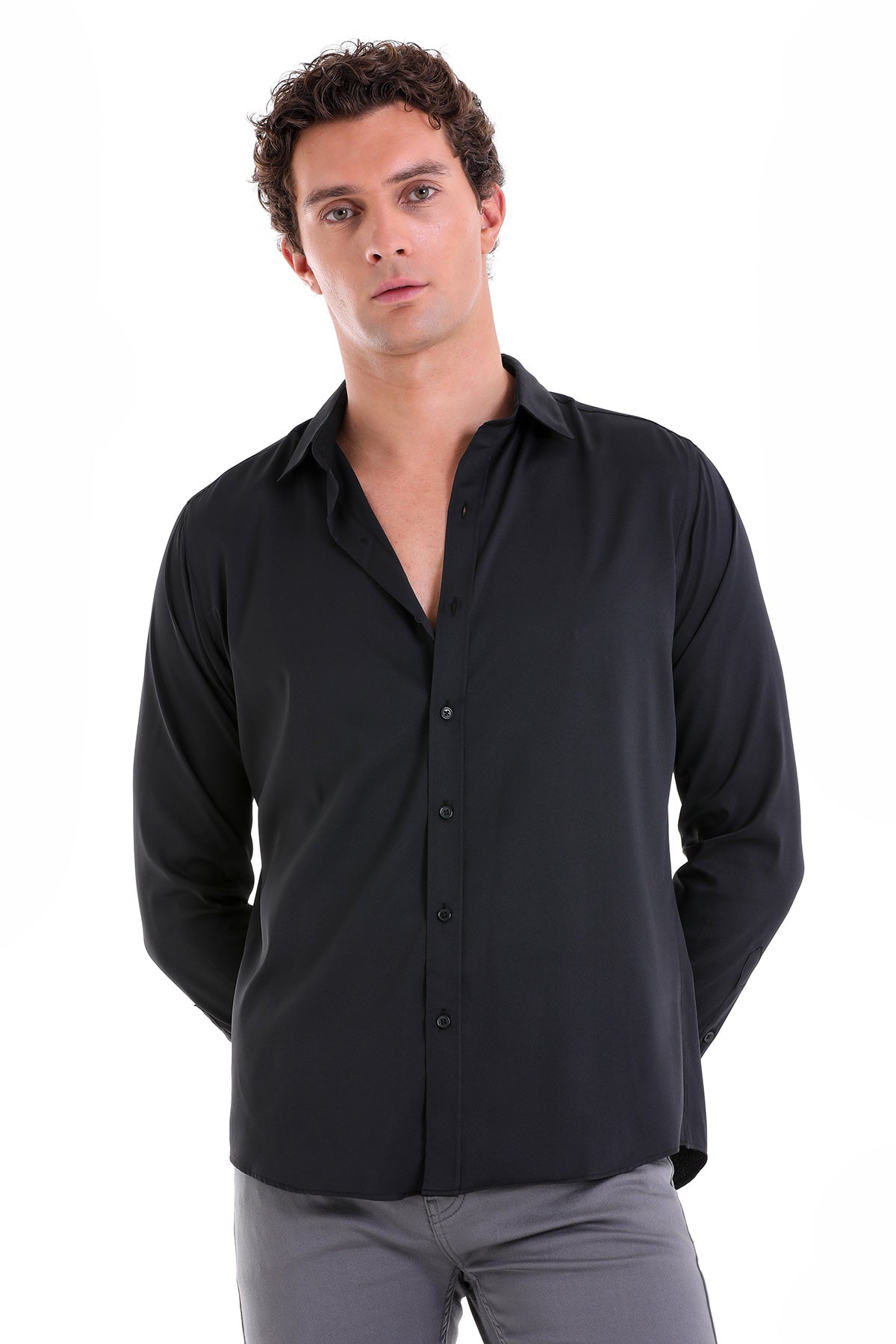 Slim Fit Long Sleeve Black Casual Shirt - MIB