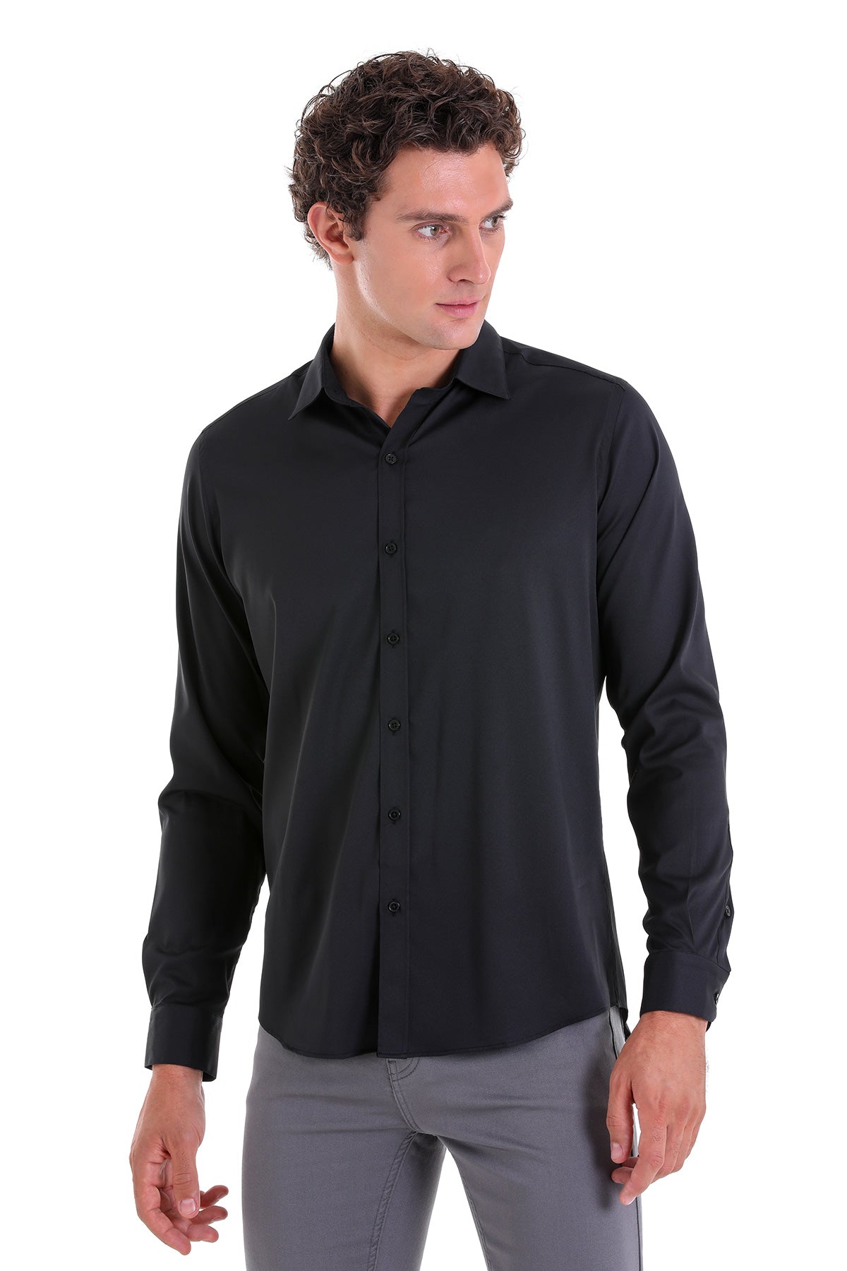 Slim Fit Long Sleeve Black Casual Shirt - MIB