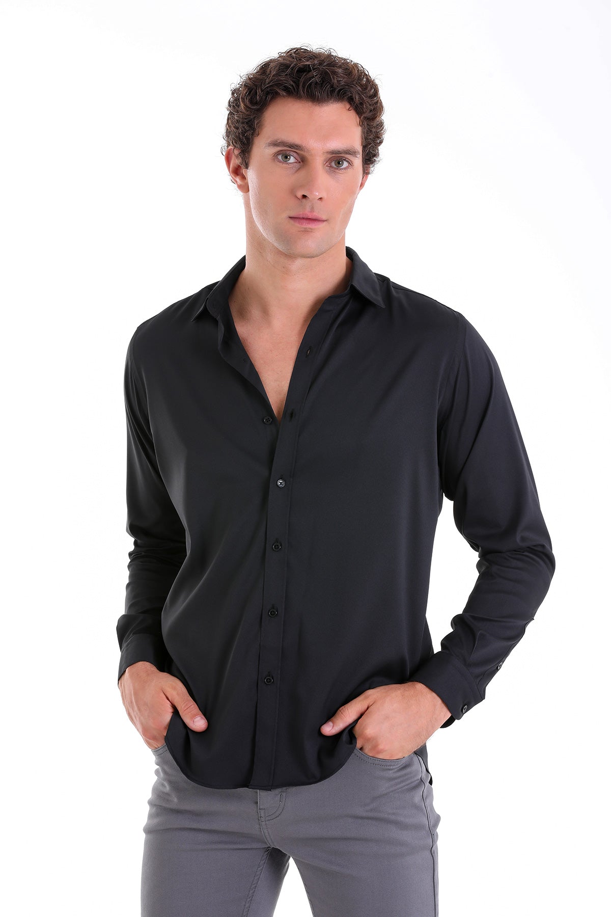 Slim Fit Long Sleeve Black Casual Shirt - MIB