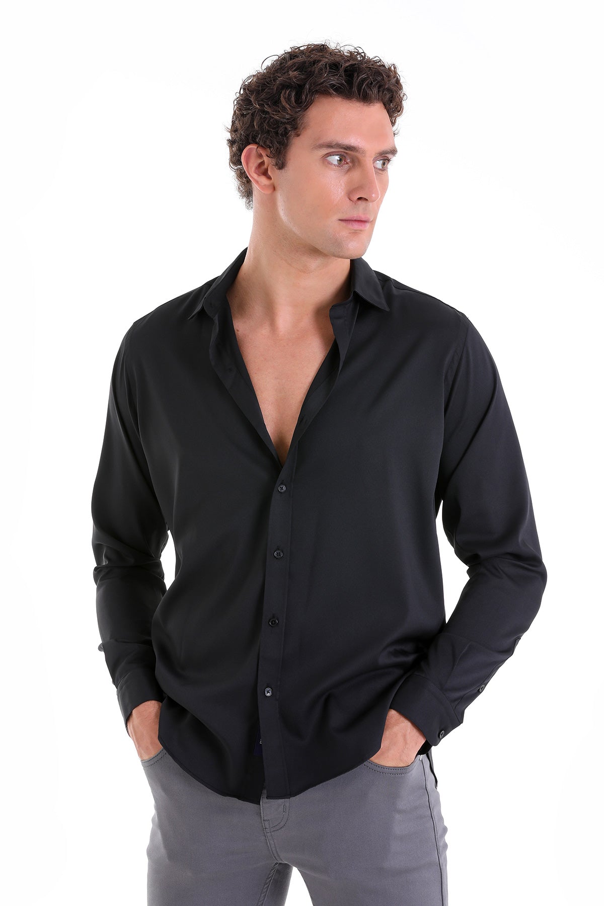 Slim Fit Long Sleeve Black Casual Shirt - MIB