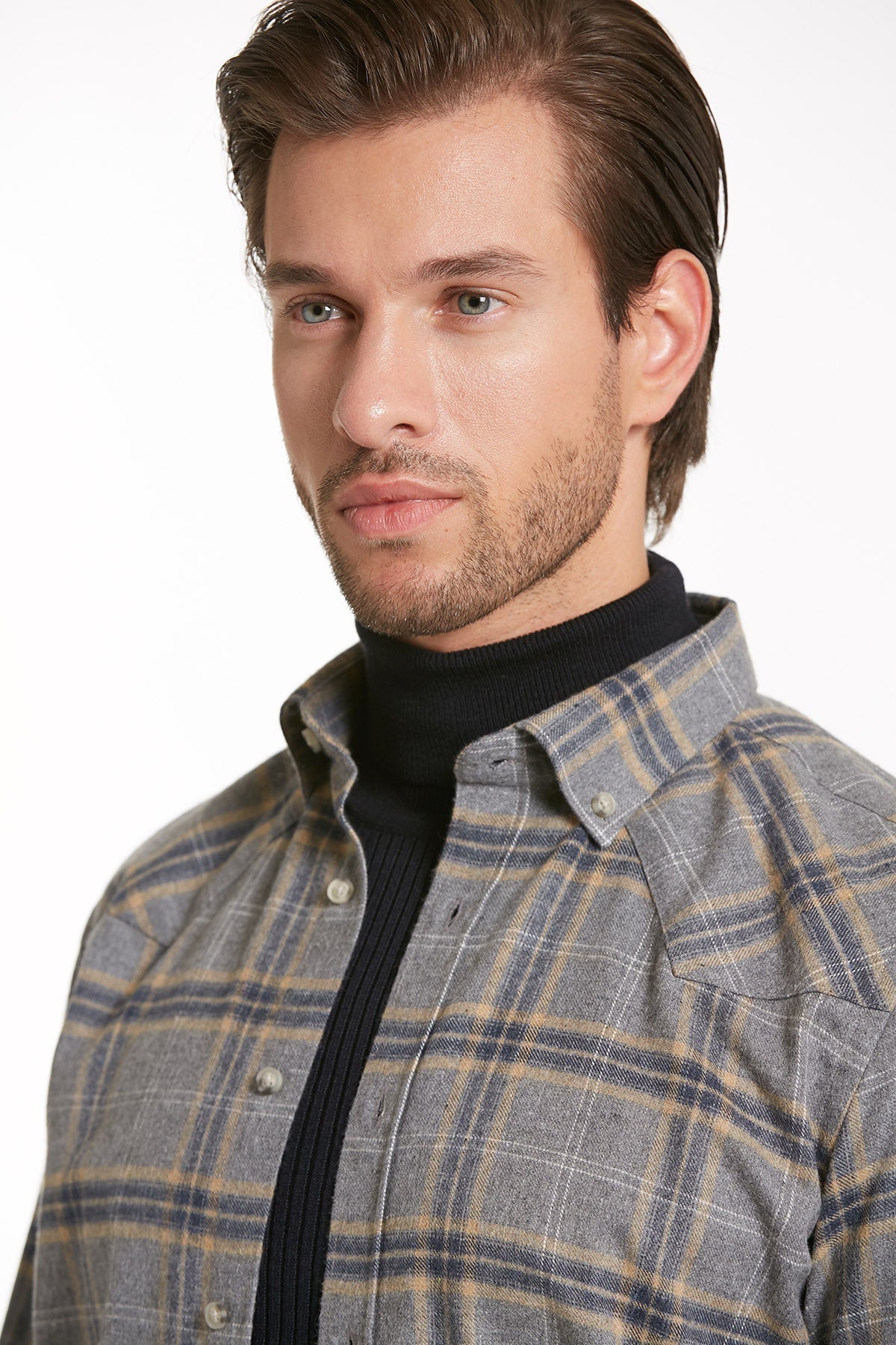 Slim Fit Long Sleeve Checked Cotton Blend Casual Shirt Gray