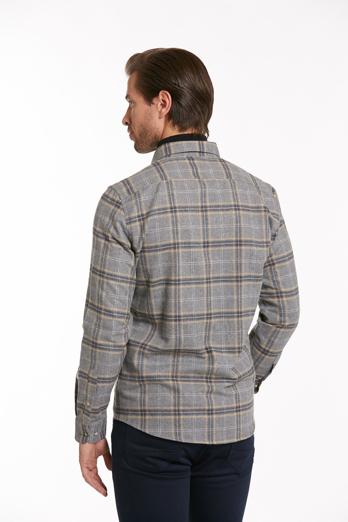 Slim Fit Long Sleeve Checked Cotton Blend Casual Shirt Gray