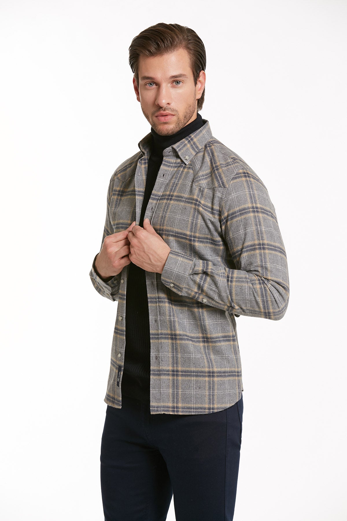 Slim Fit Long Sleeve Checked Cotton Blend Casual Shirt Gray