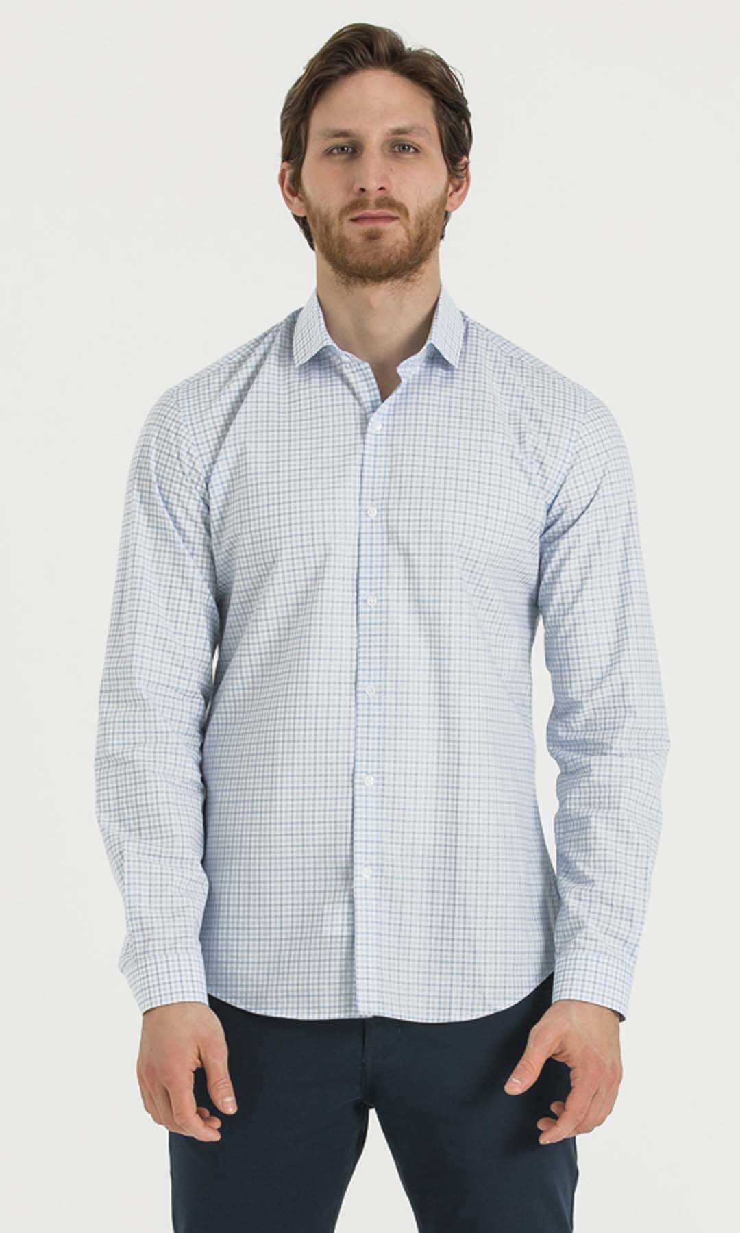 Slim Fit Long Sleeve Checked Cotton Dress Shirt Blue K.