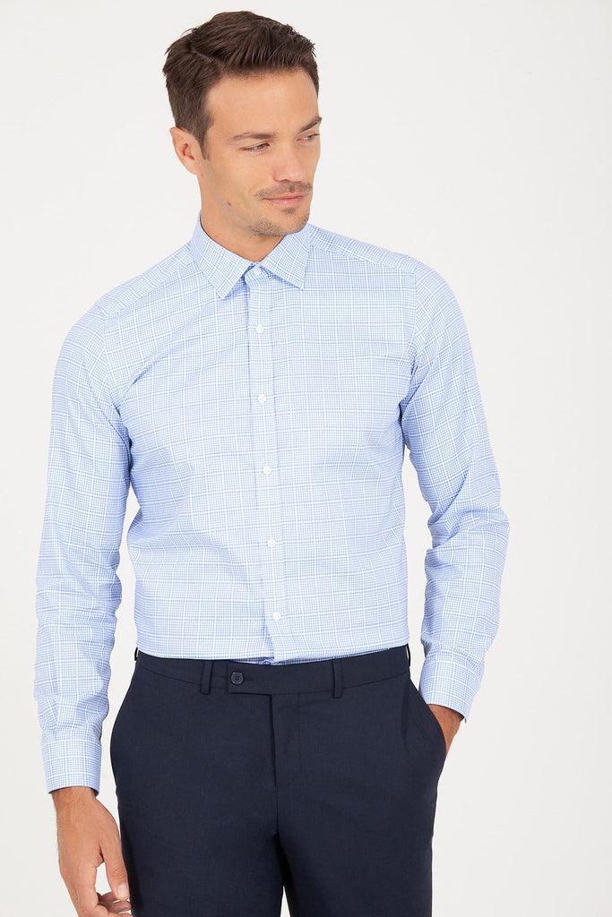 Slim Fit Long Sleeve Checked Cotton Dress Shirt Blue K. 5