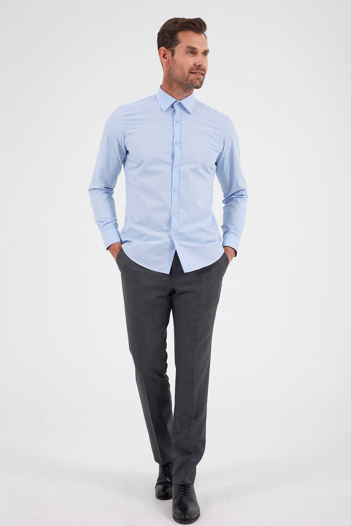 Slim Fit Long Sleeve Cotton Blend Light Blue Dress Shirt