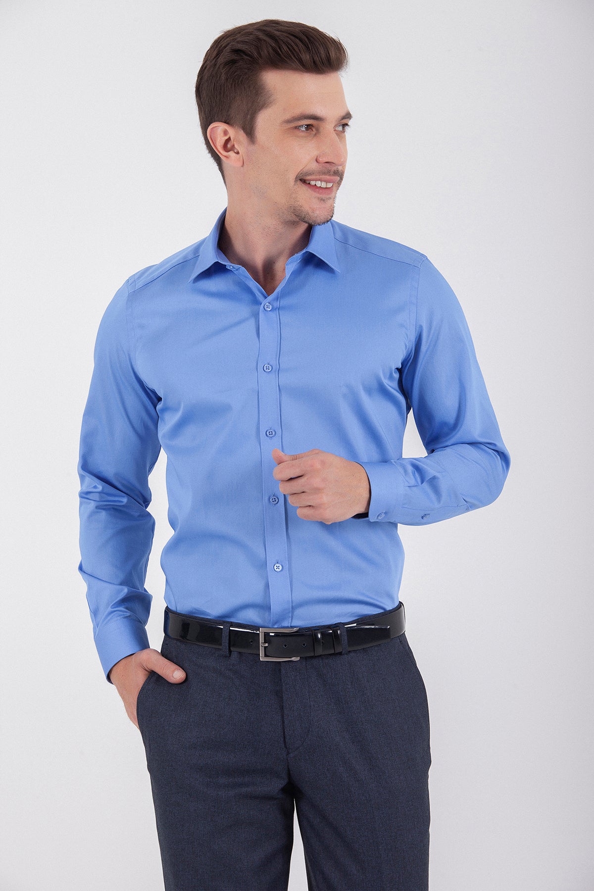 Slim Fit Long Sleeve Cotton Blue Dress Shirt - MIB