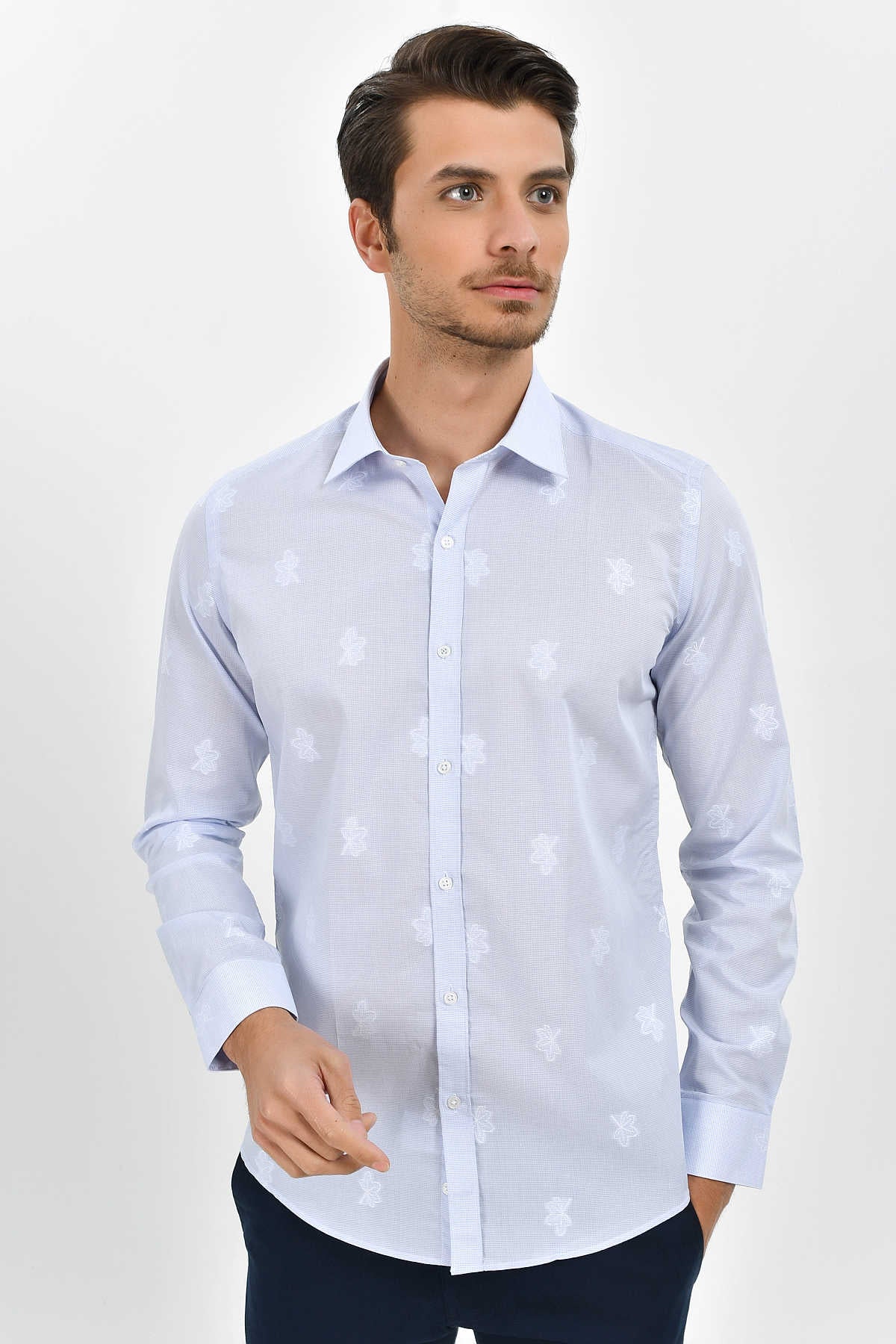 Slim Fit Long Sleeve Cotton Floral Blue Casual Shirt - MIB