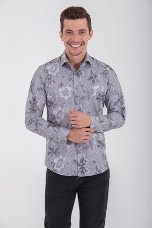 Slim Fit Long Sleeve Cotton Floral Gray Casual Shirt - MIB