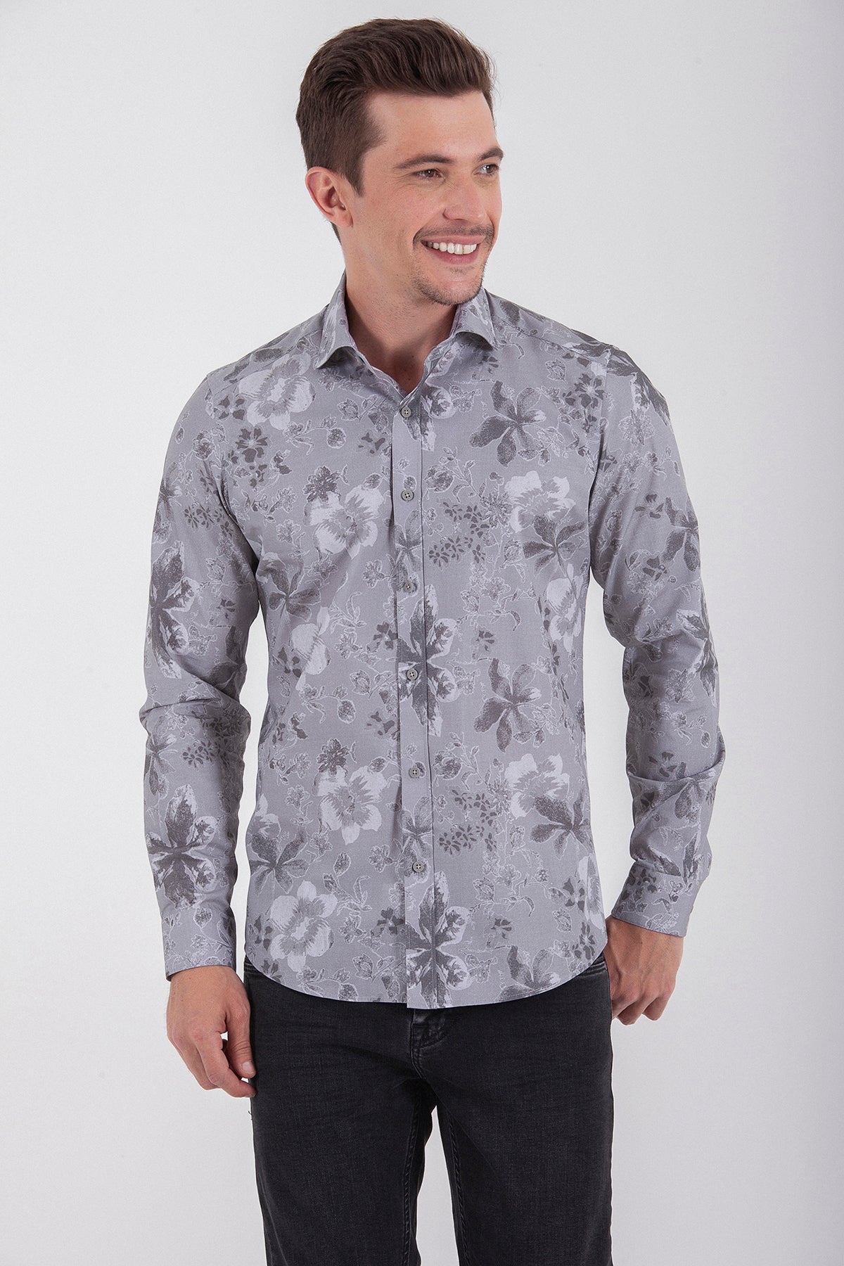 Slim Fit Long Sleeve Cotton Floral Gray Casual Shirt - MIB