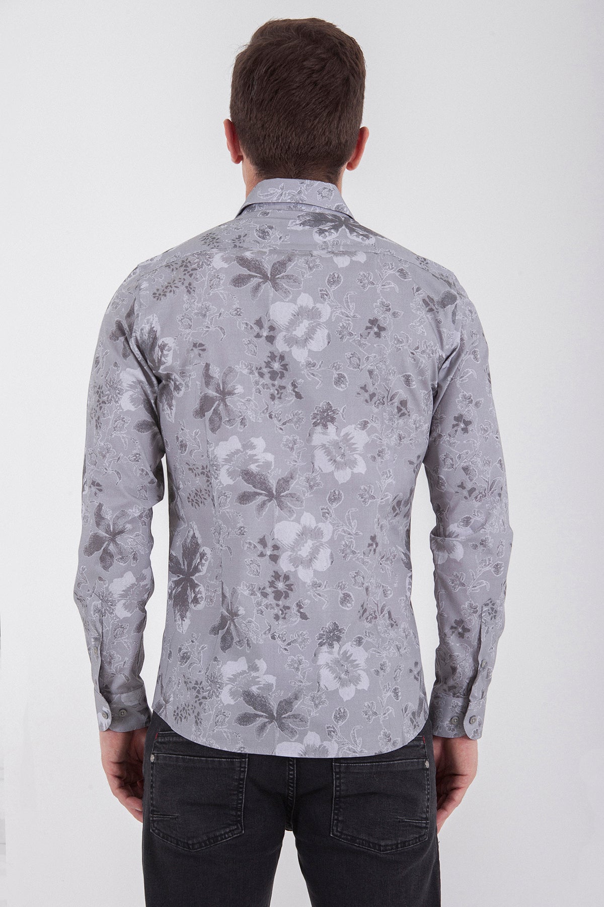 Slim Fit Long Sleeve Cotton Floral Gray Casual Shirt - MIB