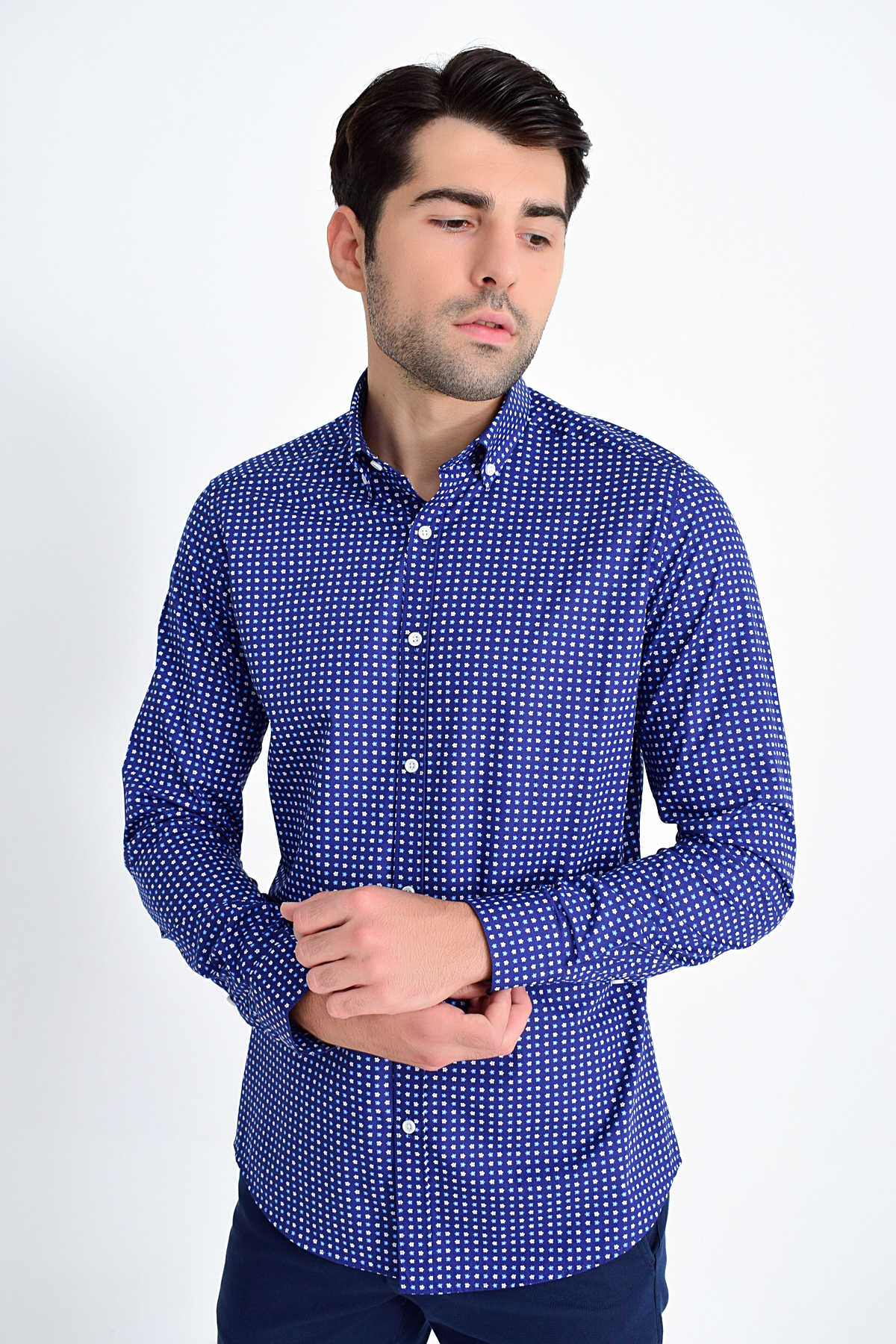 Slim Fit Long Sleeve Cotton Floral Grid Navy Casual Shirt