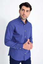 Slim Fit Long Sleeve Cotton Floral Grid Navy Casual Shirt