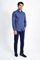 Slim Fit Long Sleeve Cotton Floral Grid Navy Casual Shirt