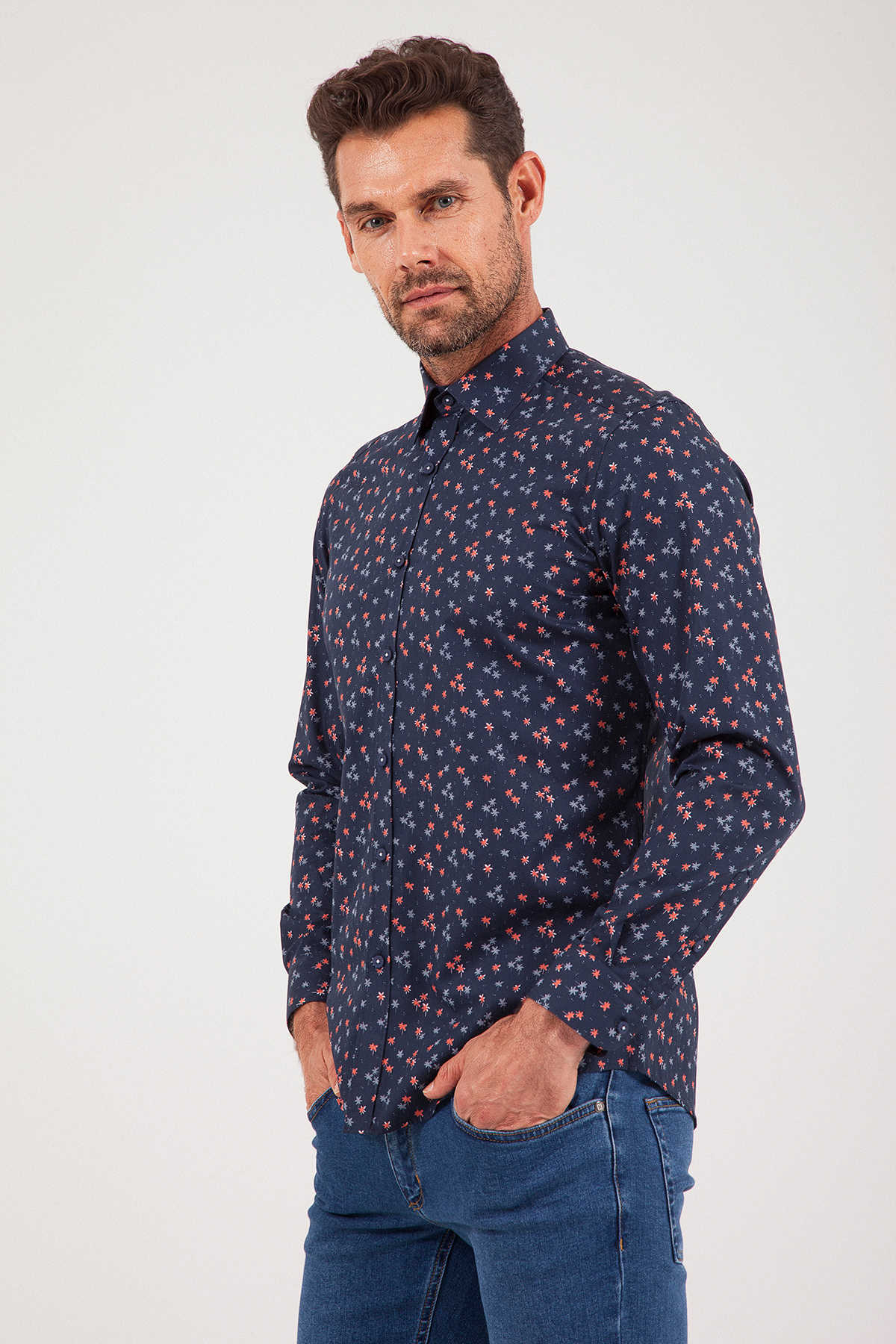 Slim Fit Long Sleeve Cotton Floral Navy Casual Shirt - MIB