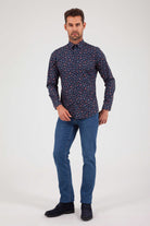 Slim Fit Long Sleeve Cotton Floral Navy Casual Shirt - MIB