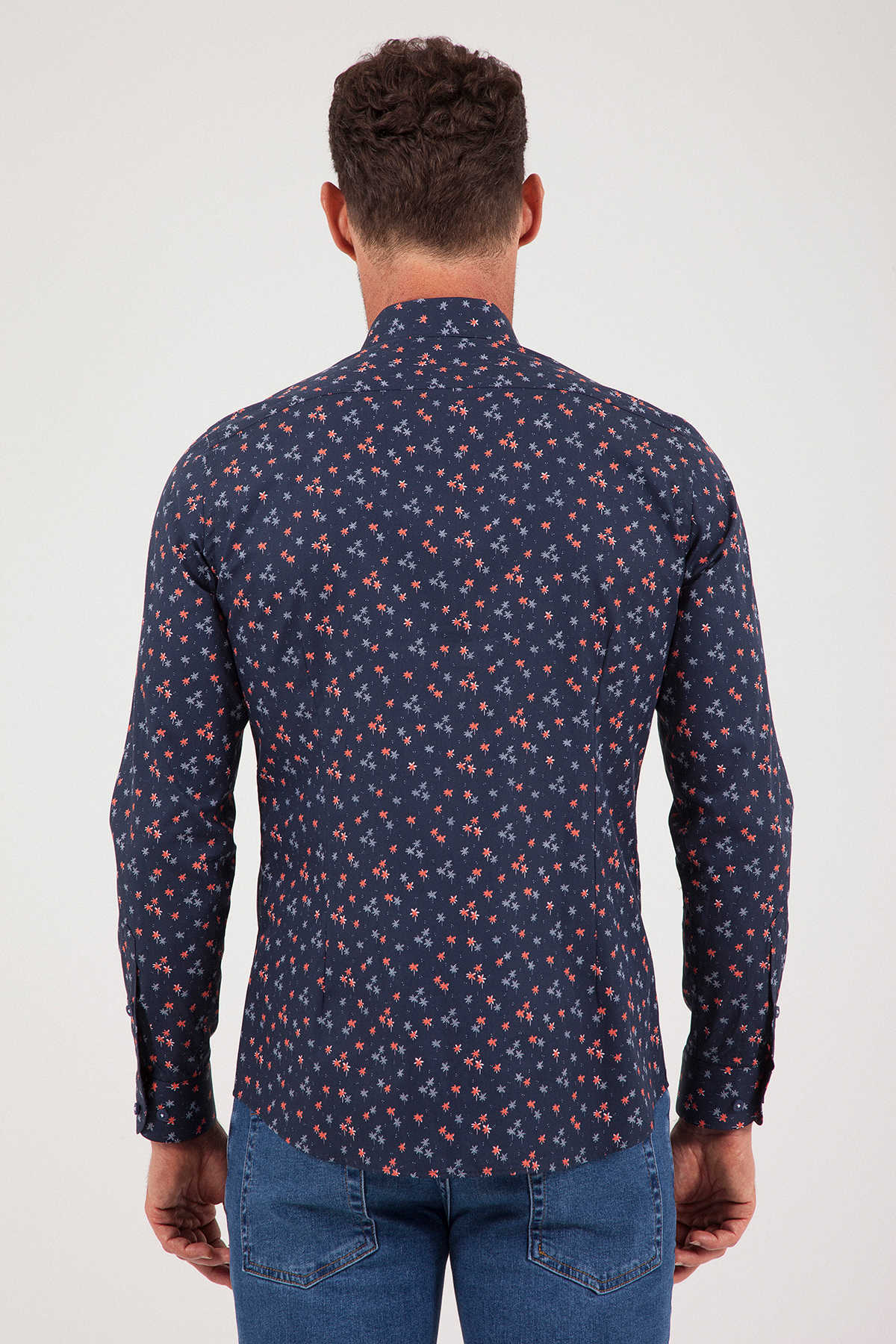 Slim Fit Long Sleeve Cotton Floral Navy Casual Shirt - MIB