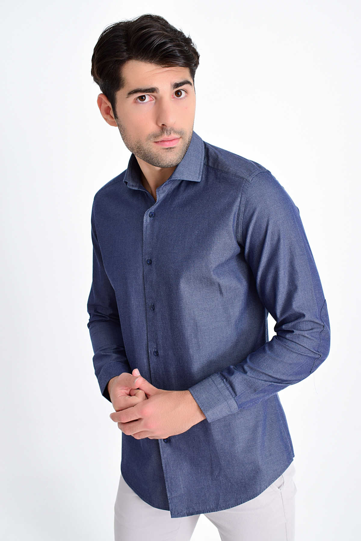 Slim Fit Long Sleeve Cotton Navy Casual Shirt - MIB