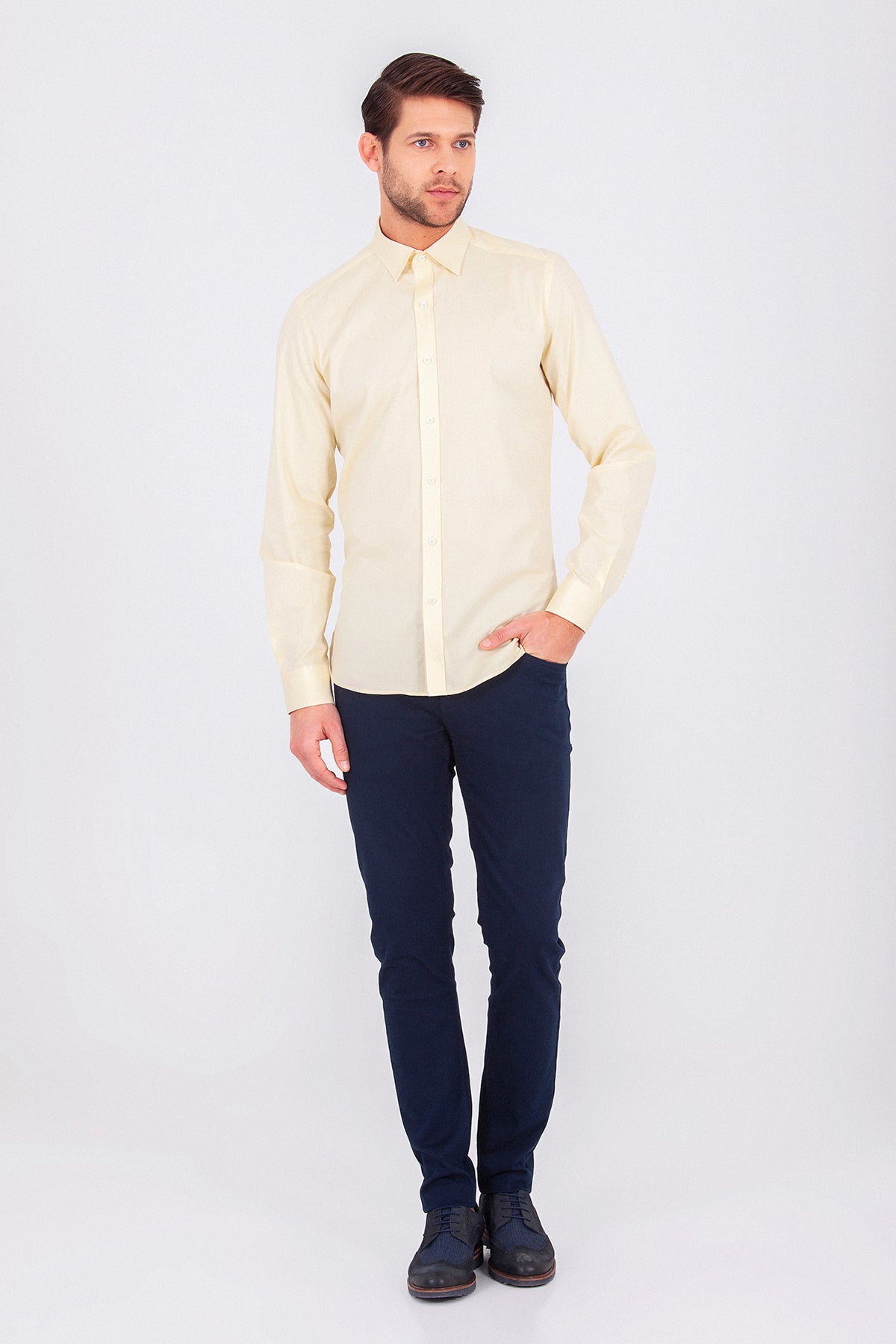 Slim Fit Long Sleeve Cotton Yellow Casual Shirt - MIB