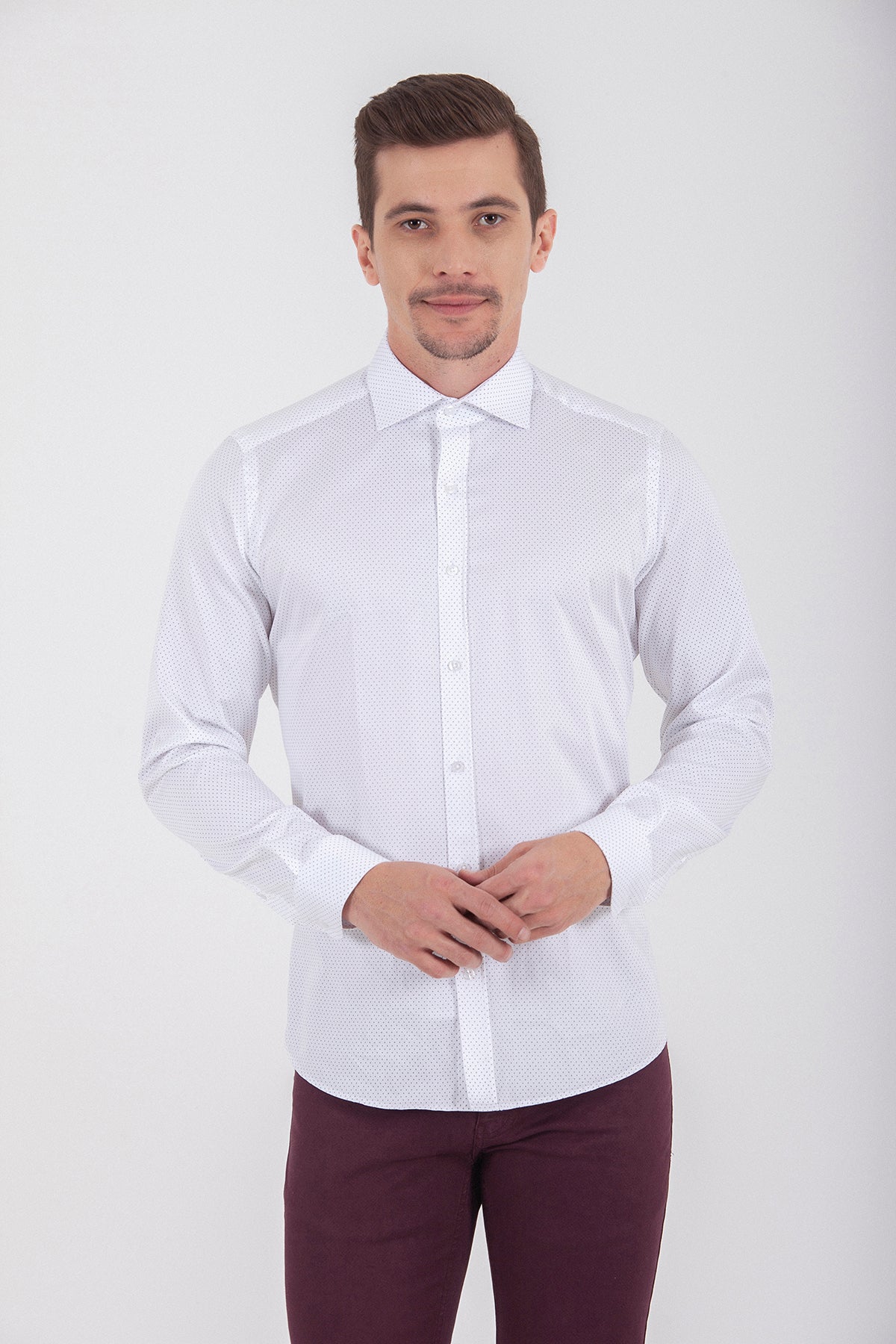 Slim Fit Long Sleeve Dot Printed Cotton Gray Dress Shirt