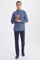 Slim Fit Long Sleeve Dot Printed Cotton Navy Casual Shirt