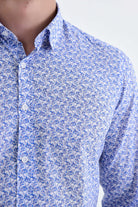 Slim Fit Long Sleeve Floral Printed Cotton Blue Casual