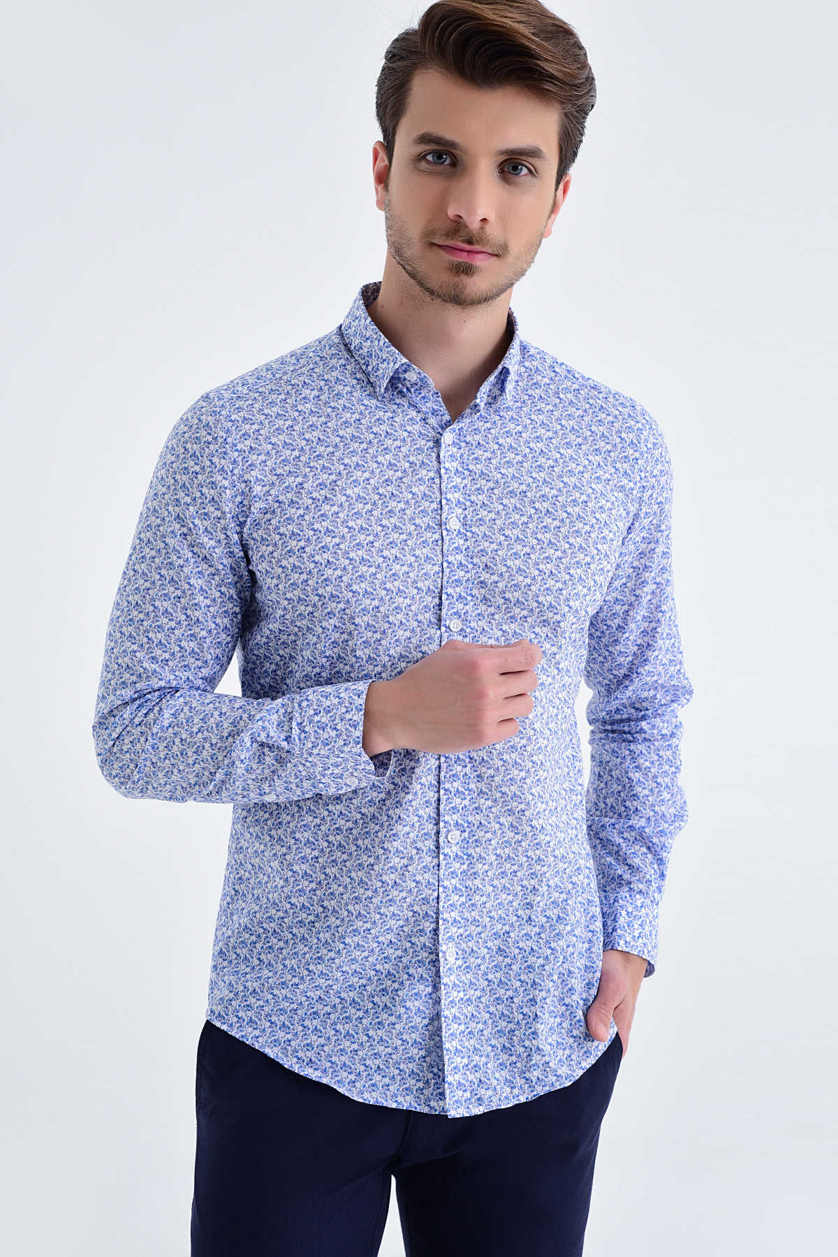 Slim Fit Long Sleeve Floral Printed Cotton Blue Casual