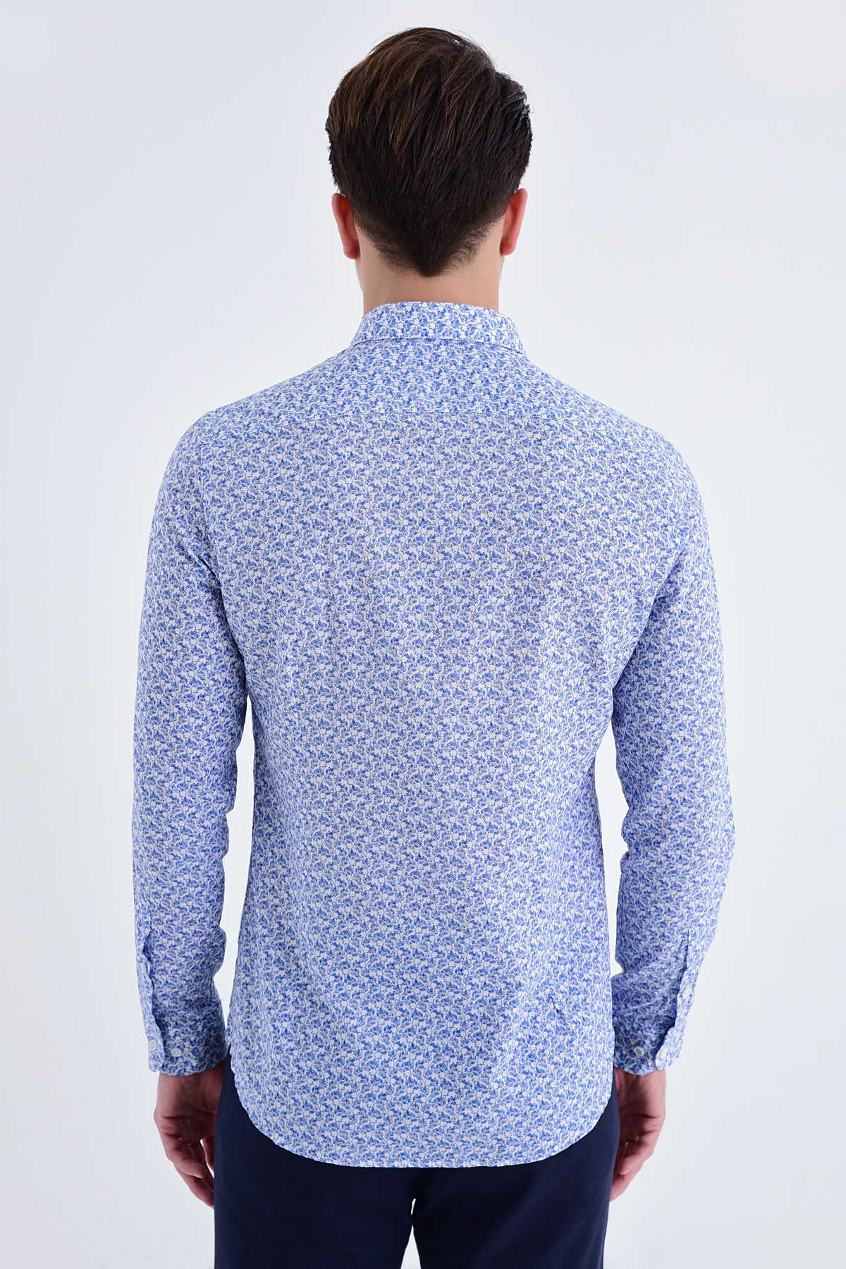 Slim Fit Long Sleeve Floral Printed Cotton Blue Casual