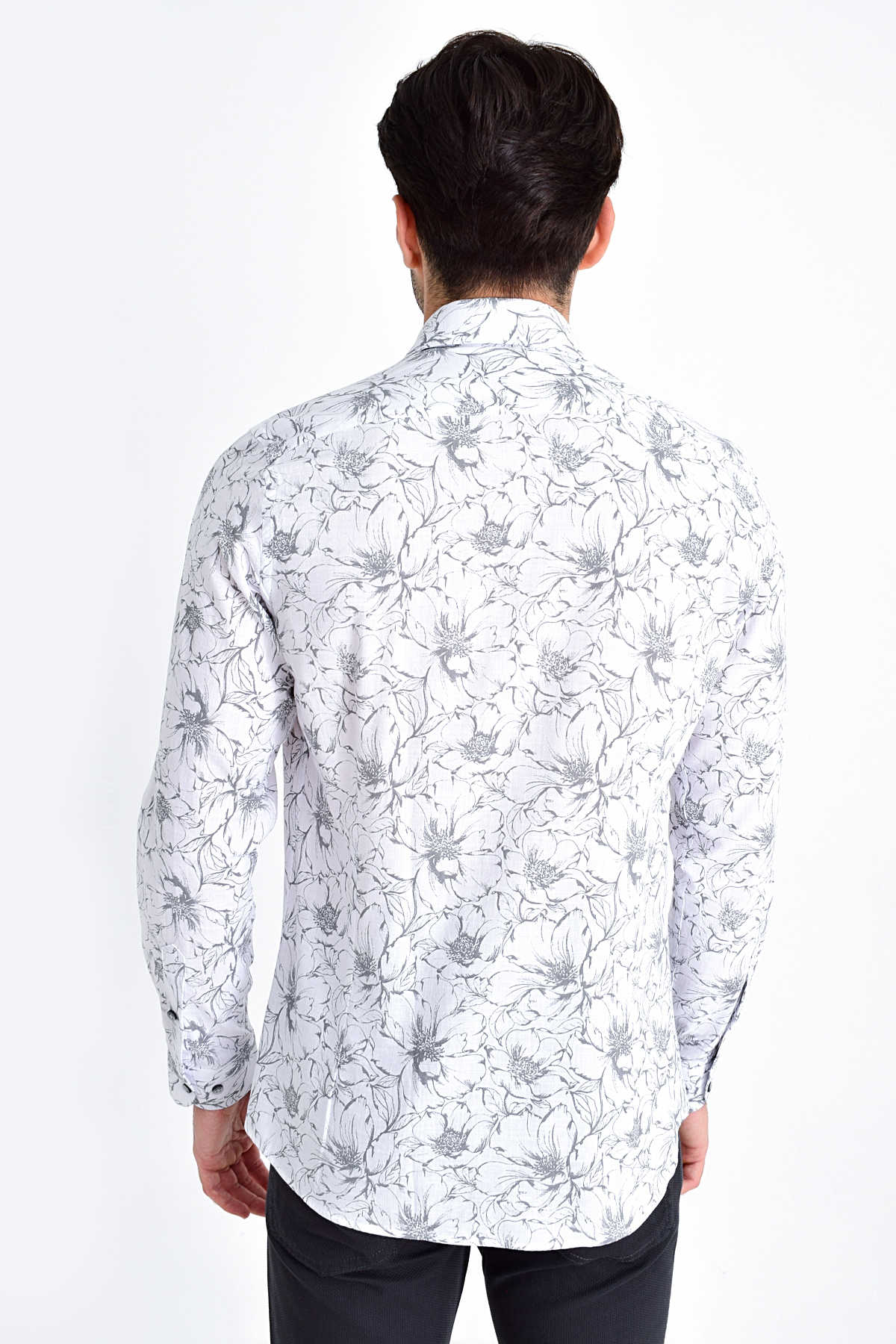 Slim Fit Long Sleeve Floral Printed Cotton Gray Casual