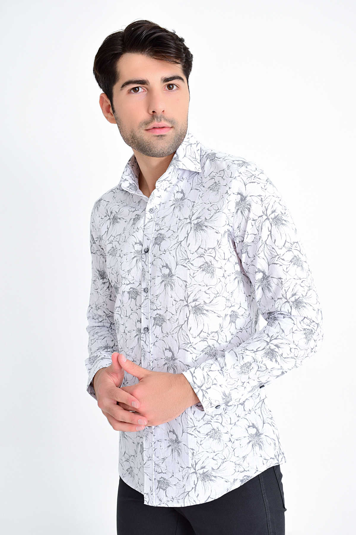 Slim Fit Long Sleeve Floral Printed Cotton Gray Casual