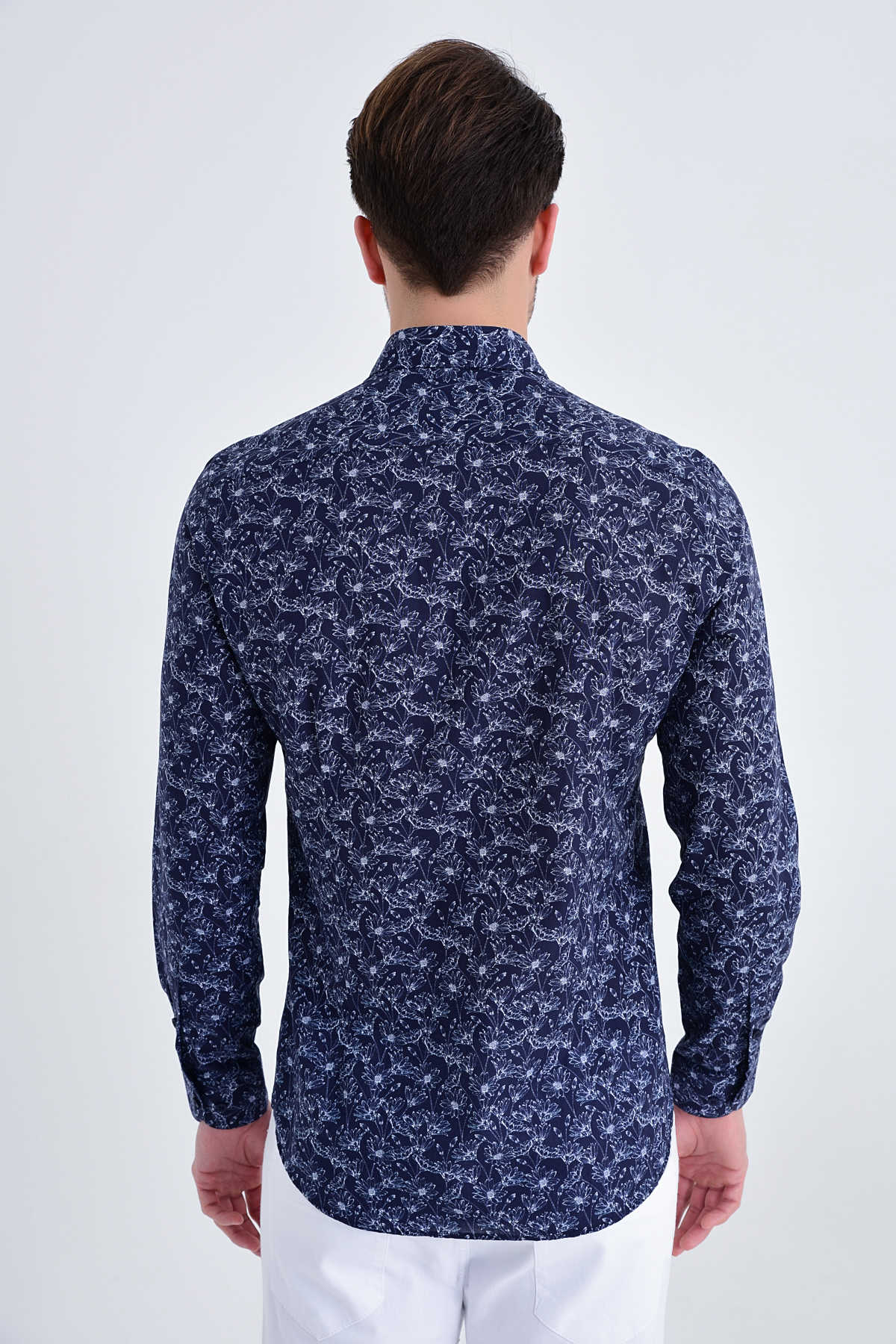 Slim Fit Long Sleeve Floral Printed Cotton Navy Casual