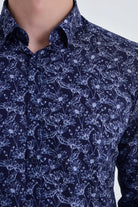 Slim Fit Long Sleeve Floral Printed Cotton Navy Casual