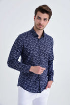 Slim Fit Long Sleeve Floral Printed Cotton Navy Casual