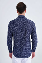 Slim Fit Long Sleeve Floral Printed Cotton Navy Casual