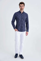 Slim Fit Long Sleeve Floral Printed Cotton Navy Casual