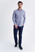 Slim Fit Long Sleeve Gingham Plaid Linen Navy Casual Shirt