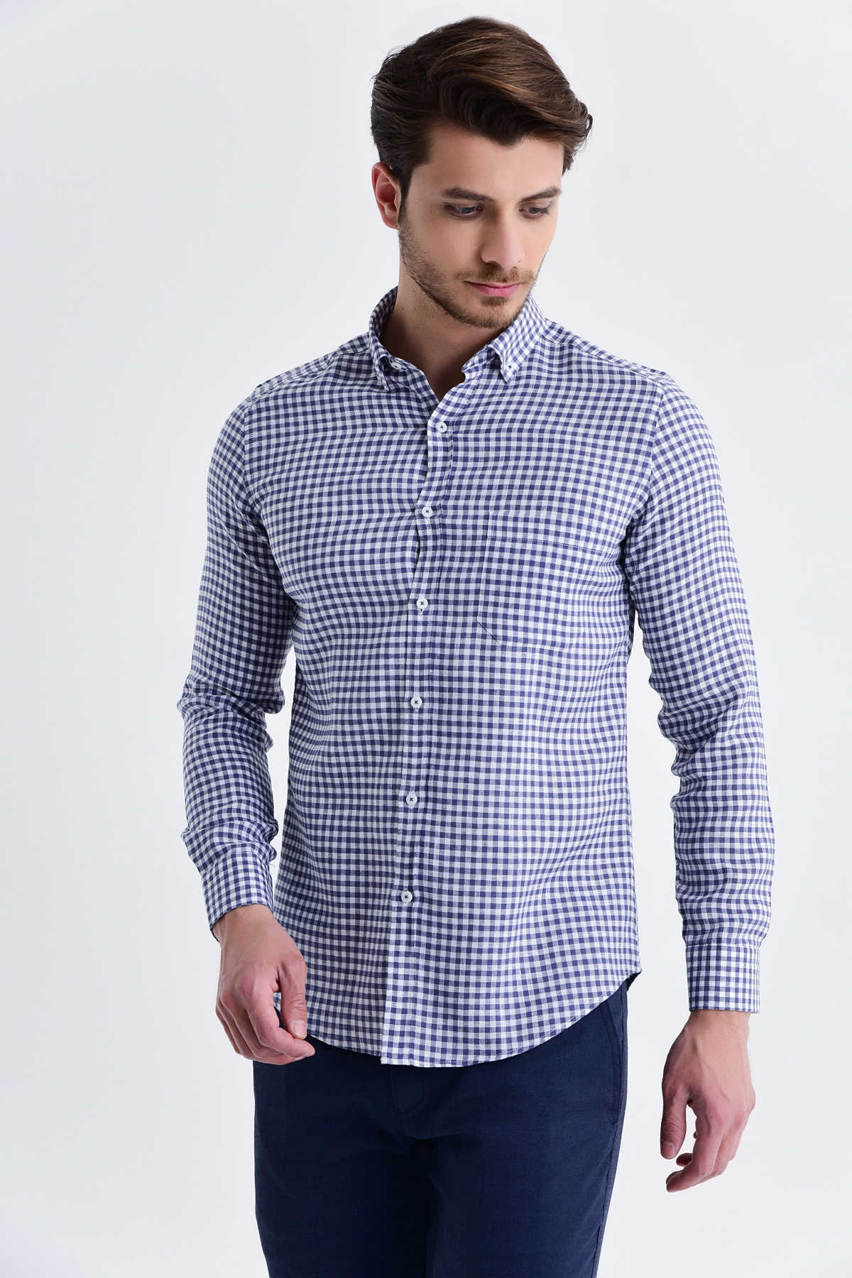 Slim Fit Long Sleeve Gingham Plaid Linen Navy Casual Shirt