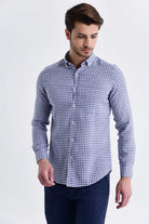 Slim Fit Long Sleeve Gingham Plaid Linen Navy Casual Shirt