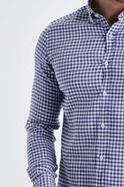 Slim Fit Long Sleeve Gingham Plaid Linen Navy Casual Shirt