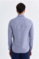 Slim Fit Long Sleeve Gingham Plaid Linen Navy Casual Shirt