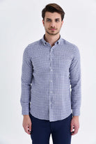 Slim Fit Long Sleeve Gingham Plaid Linen Navy Casual Shirt