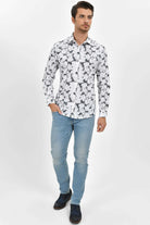 Slim Fit Long Sleeve Leaf Printed Cotton Gray Casual Shirt