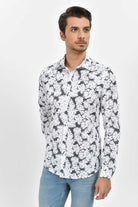 Slim Fit Long Sleeve Leaf Printed Cotton Gray Casual Shirt