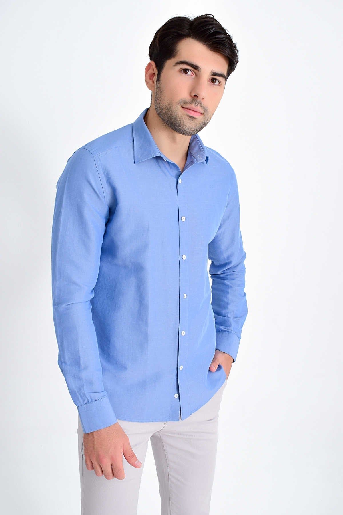 Slim Fit Long Sleeve Linen & Cotton Blue Casual Shirt - MIB