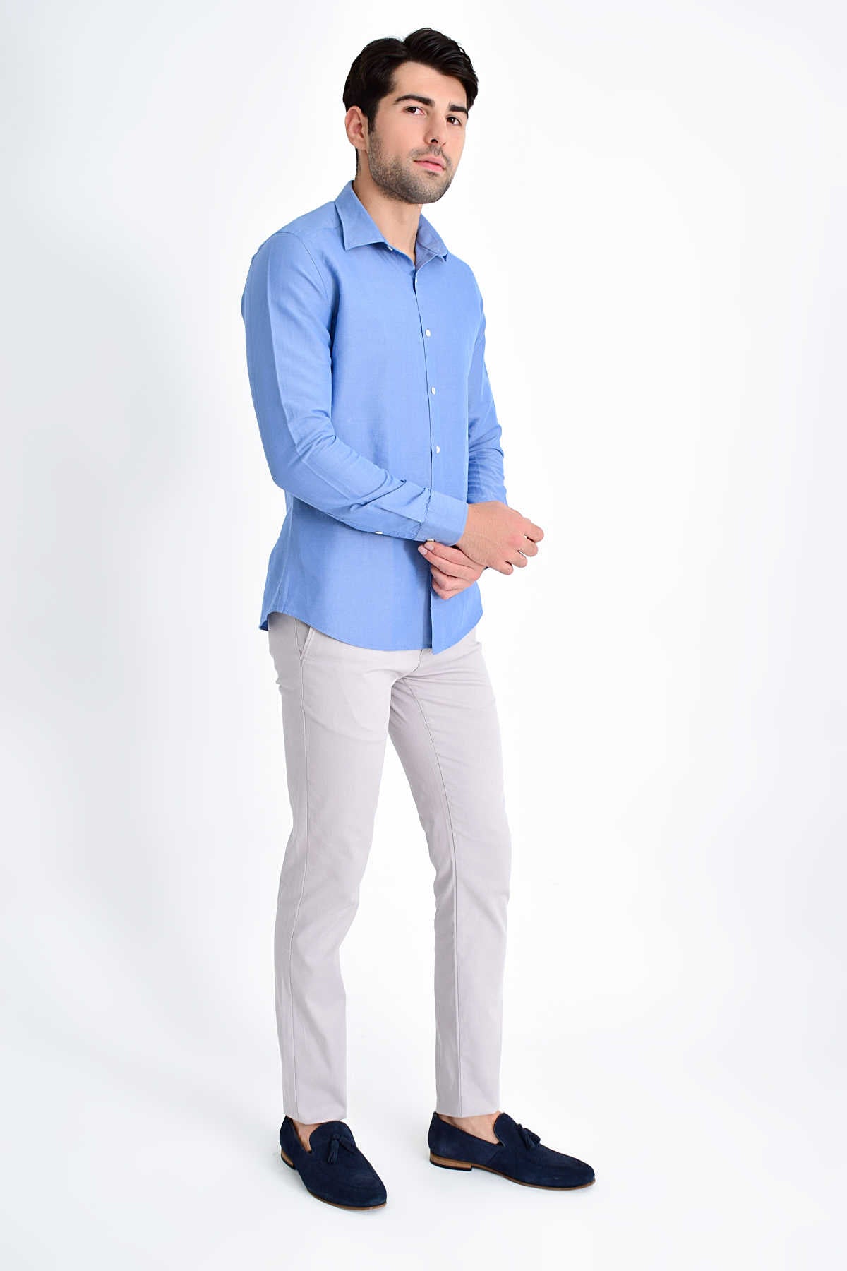 Slim Fit Long Sleeve Linen & Cotton Blue Casual Shirt - MIB