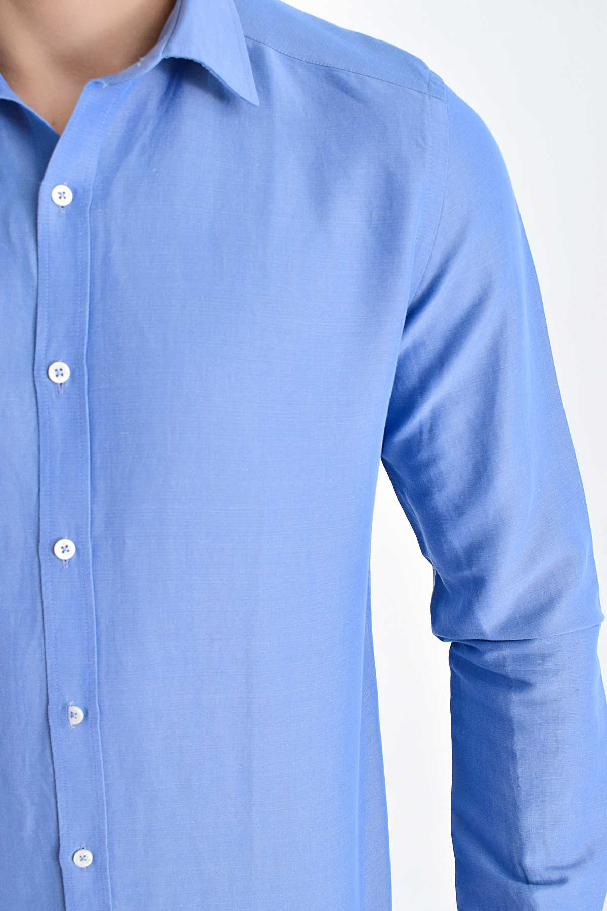 Slim Fit Long Sleeve Linen & Cotton Blue Casual Shirt - MIB