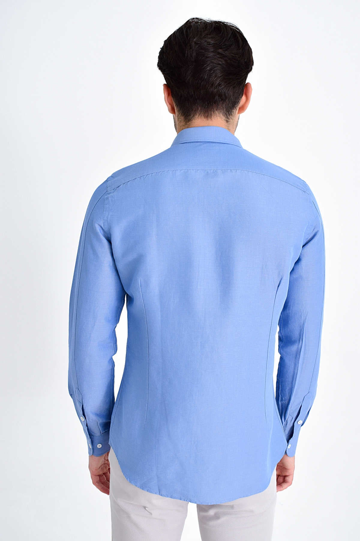 Slim Fit Long Sleeve Linen & Cotton Blue Casual Shirt - MIB