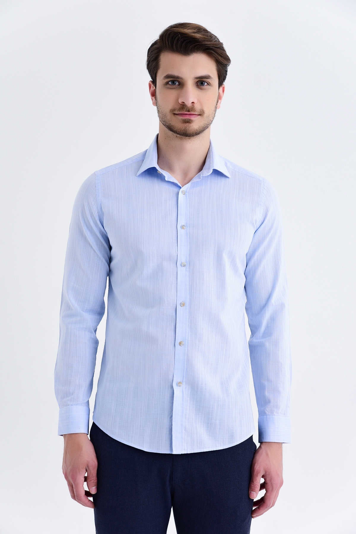 Slim Fit Long Sleeve Linen & Cotton Ice Blue Casual Shirt