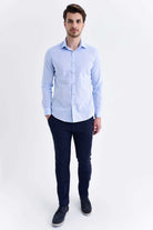 Slim Fit Long Sleeve Linen & Cotton Ice Blue Casual Shirt